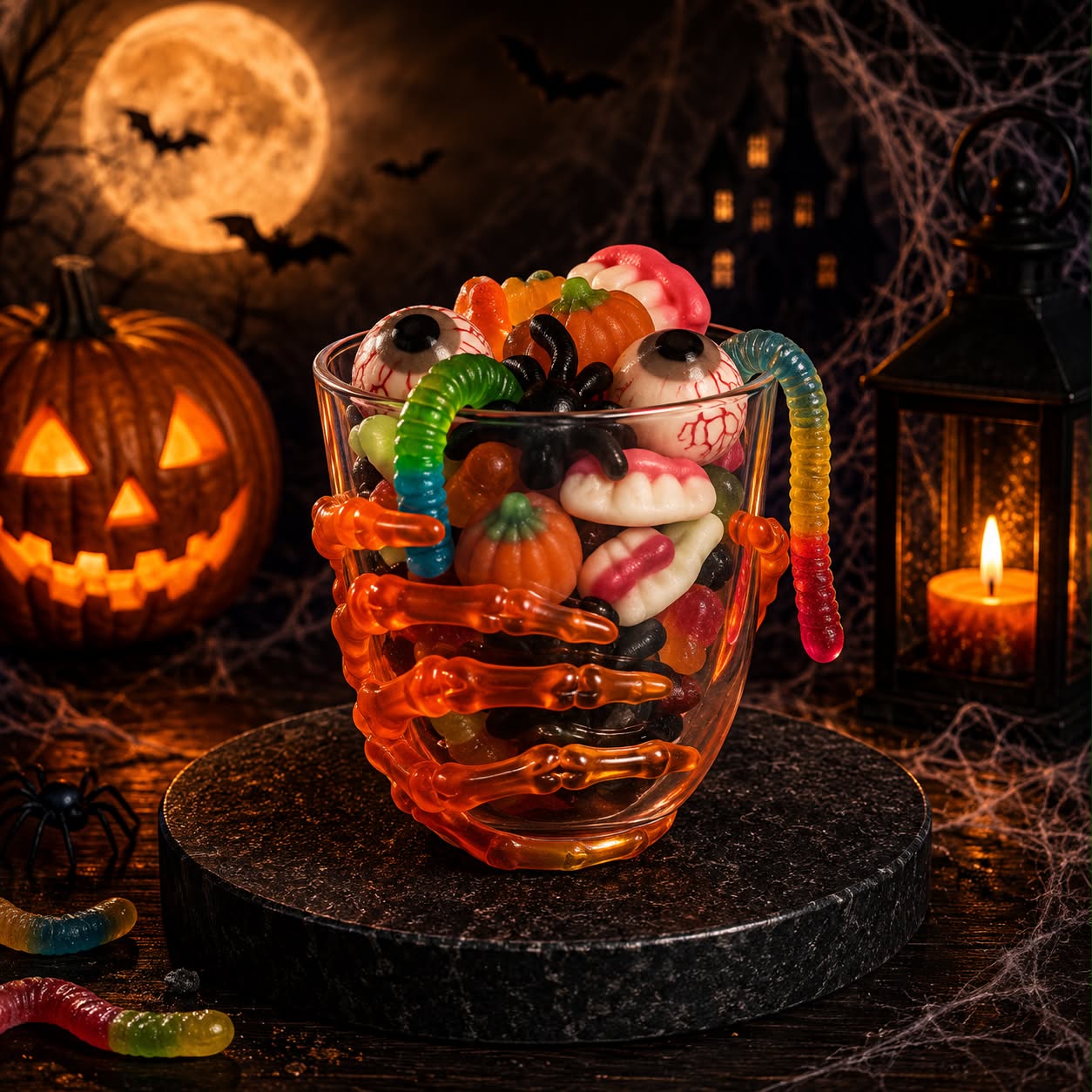 Verre plastique orange Halloween avec 300 gr de bonbons effrayants