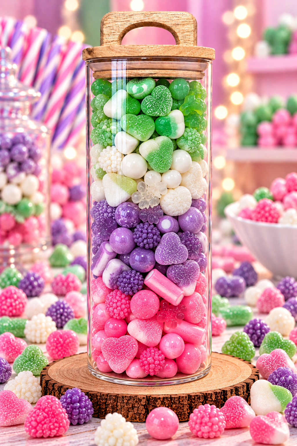 Bocal en verre hermétique bonbons rose mauve blanc vert 700 gr si choix d’une autre couleur indiquer le en commentaire