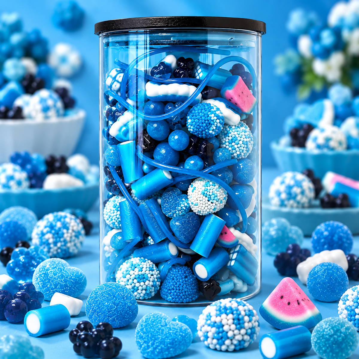 Bocal en verre hermétique bonbons bleu 1 kg si choix d’une autre couleur indiquer le en commentaire
