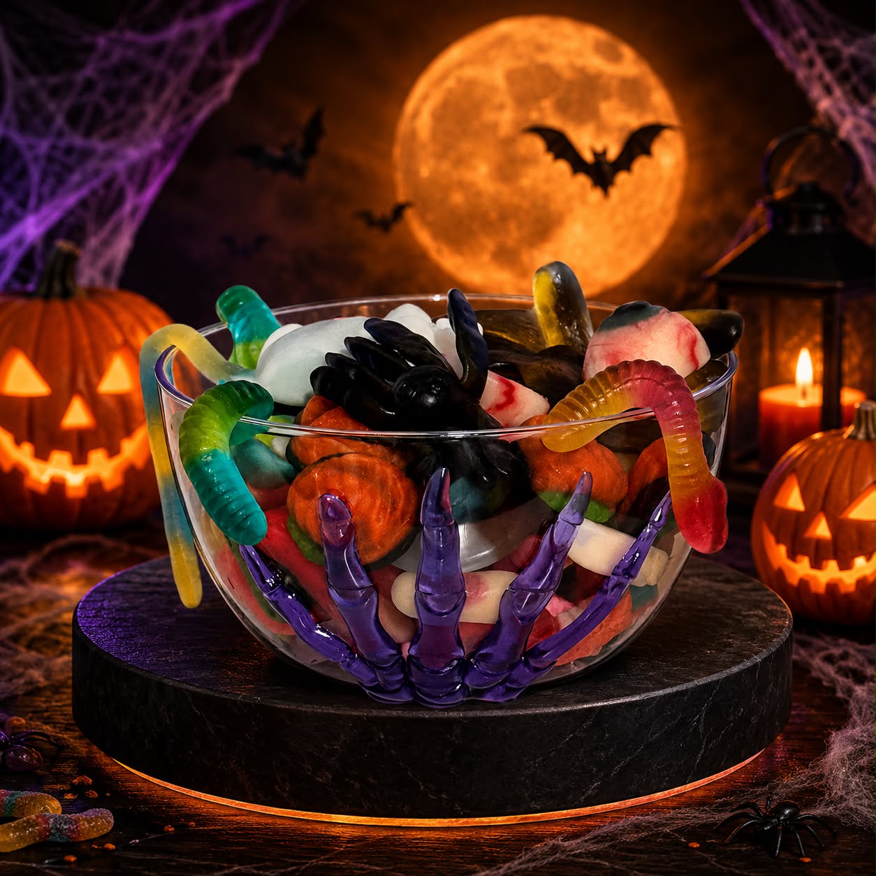 Bol plastique mauve Halloween avec 500 gr de bonbons effrayants
