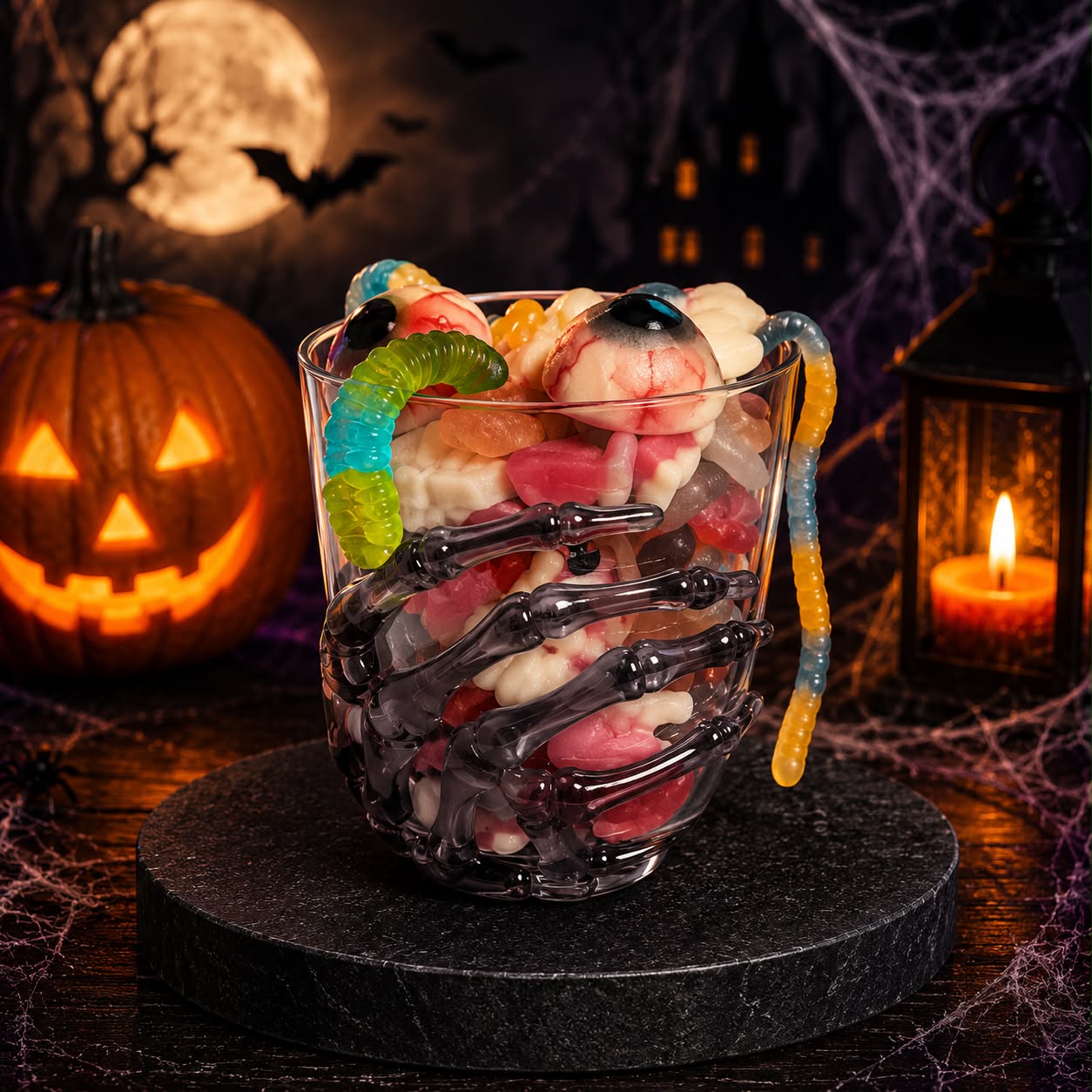 Verre plastique noir Halloween avec 300 gr de bonbons effrayants