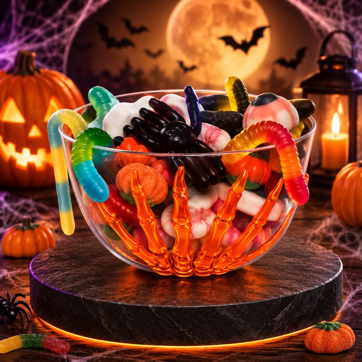 Bol plastique orange  Halloween avec 500 gr de bonbons effrayants