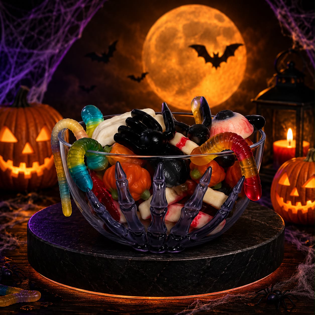 Bol plastique noir Halloween avec 500 gr de bonbons effrayants
