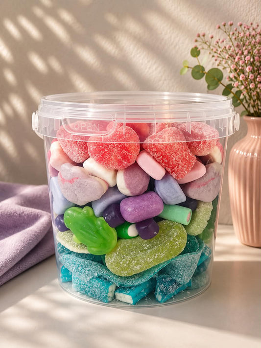 1. Seau de bonbons 🍬 bleu, vert, mauve & rose 700 gr