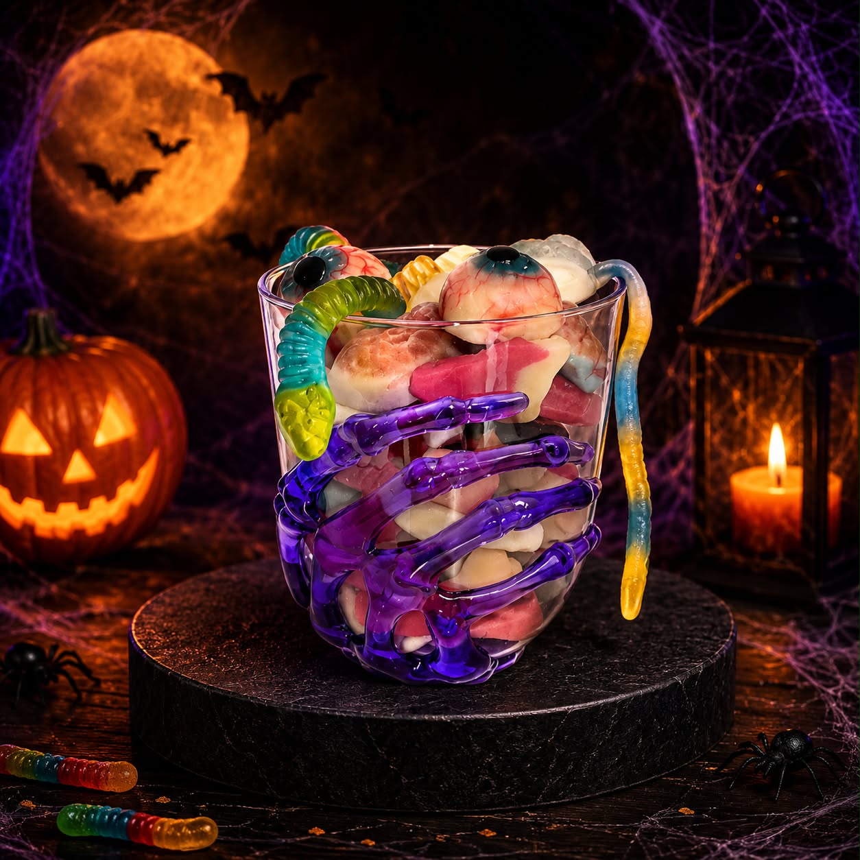 Verre plastique mauve Halloween avec 300 gr de bonbons effrayants