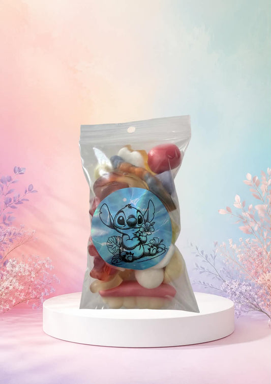 Sachet stitch bleu fleurs 100 gr bonbons mélange